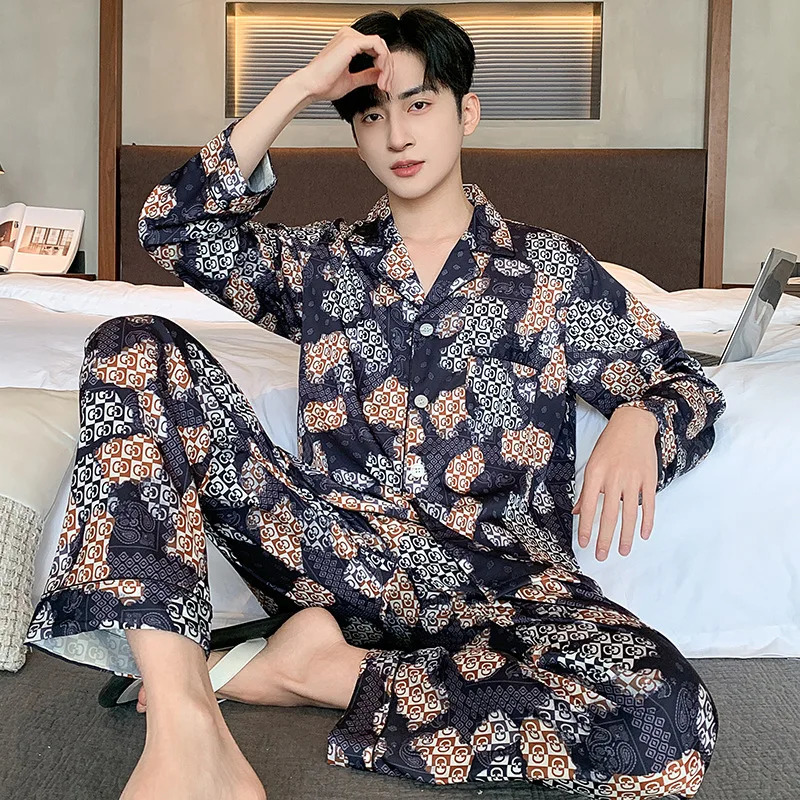 High Quality Men Pajamas Suit Spring Fall Ice Silk Highend Longsleeved Sleepwear Set Female Ethnic Style Large Size Loungewear 251231