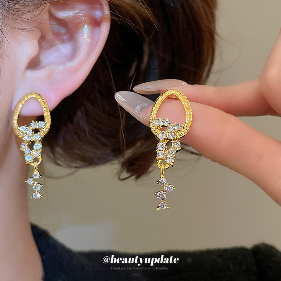 Silver needle diamond-encrusted round fringed earrings, French vintage style, elegant and versatile, light luxury and high-end feeling, women's e