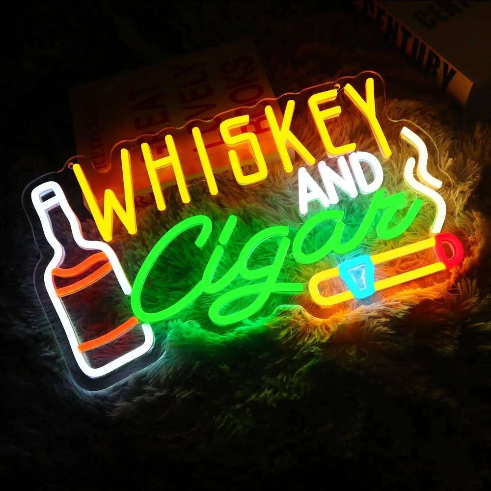 Whiskey Cigar Neon Sign with Dimmable Switch LED Light Up for Wall Lounge Home Pub Bar Man Cave Wine Cellar Hotel Decor 26T0104
