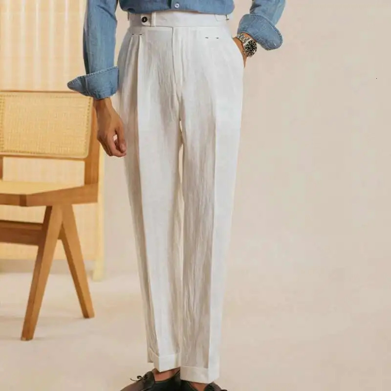 Linen Retro Casual Pant British High Waist Pants Office-trouser Men Dress White Pant Trouser Straight Leg Pant Naples 251227