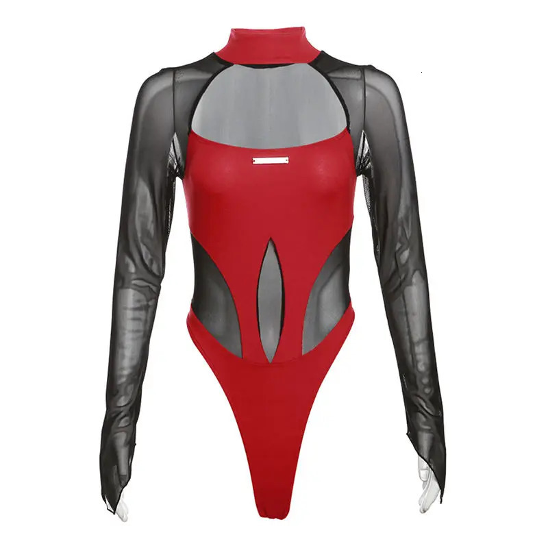 Spicy Girl Mesh Splice Long Sleeve Tshirt Womens Slim Bottom Tops Sexy Red High Cut Bodysuit Party Streetwear 251231
