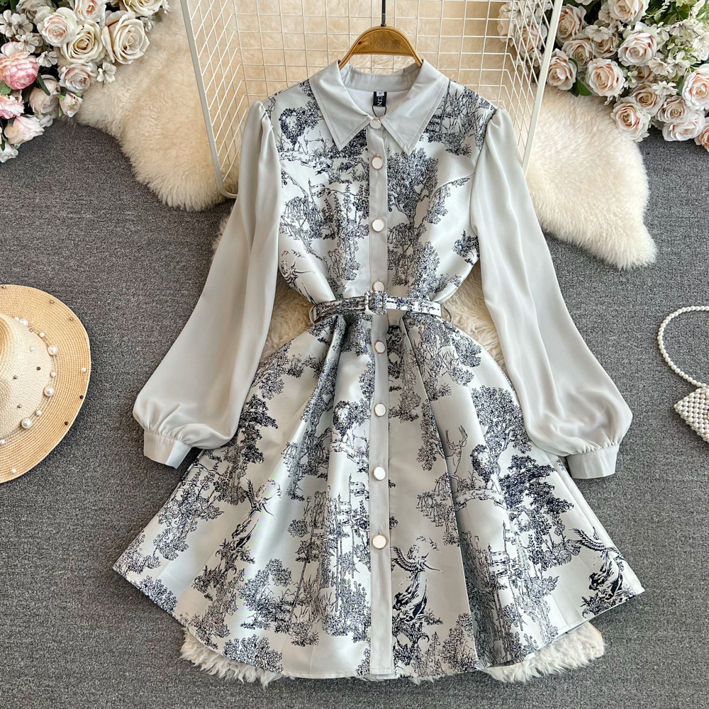 Fashionable Socialite Elegant, Fluffy Long-sleeved With A Narrow Waist Fitted And Tight Design A-shaped Single-button Ink Painting Pattern Shirt