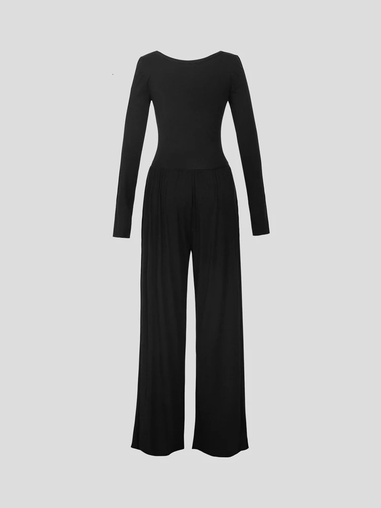 Autumn Arrivals Black LongSleeved Square Neck Jumpsuit Casual Relaxed WideLeg 251226