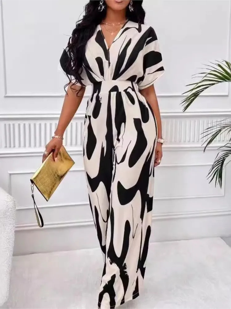 Womens Elegant Vneck Fullbody Printed Bat Sleeve Wideleg Jumpsuit Summer Commuting Highwaisted Casual Trousers 251226