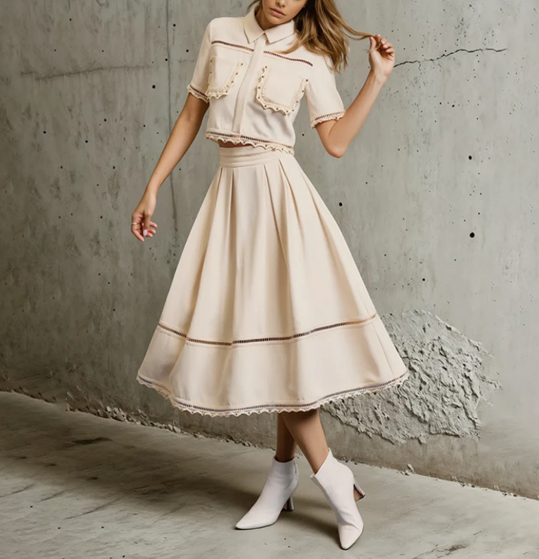 2026 new style commuting style stand up collar embroidered shirt+long skirt fashion two-piece set for women