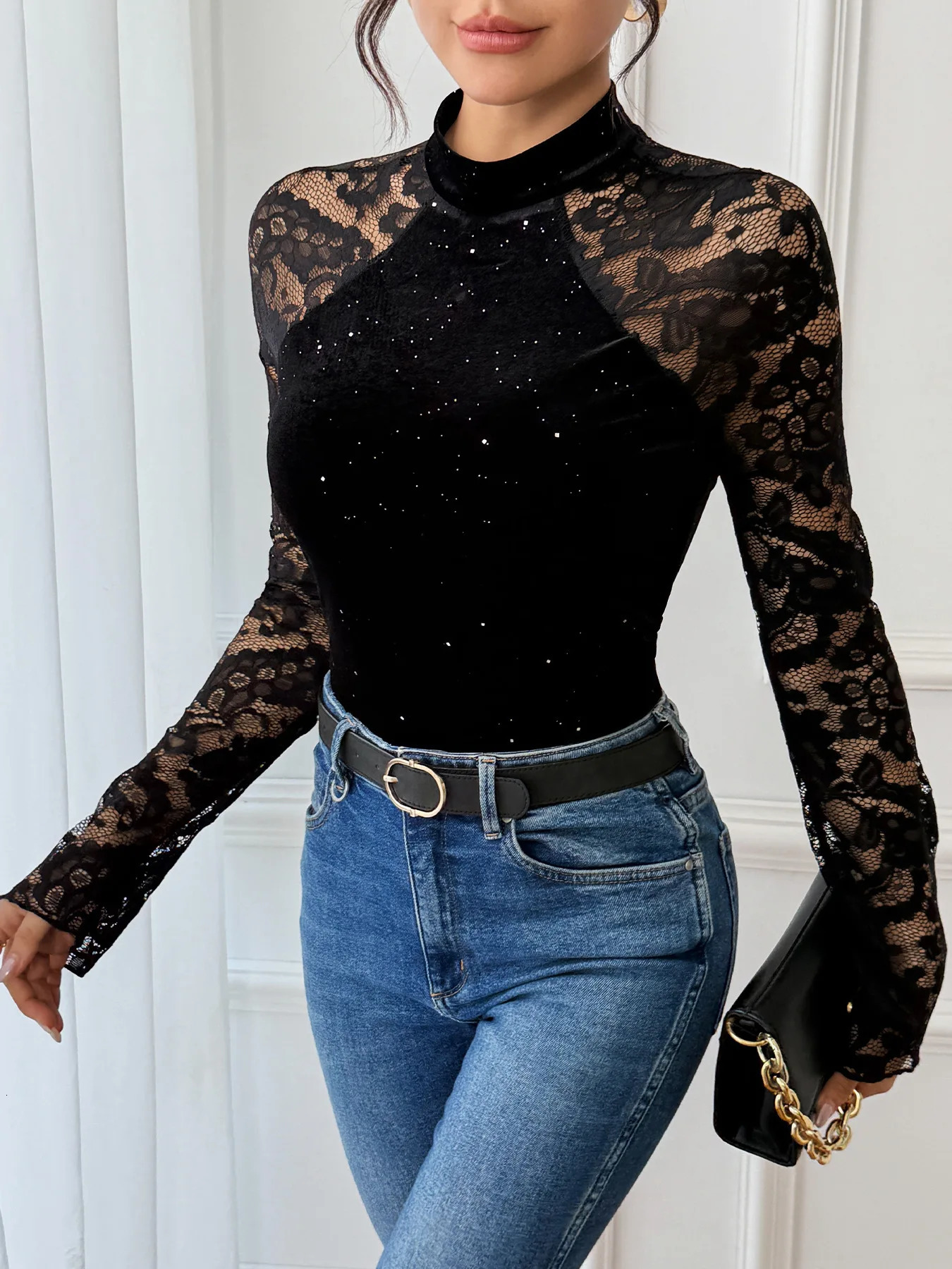 2025 Sexy Lace Turtleneck Bodysuit Women Black Elegant Glitter Velvet Bodycon Long Sleeve Bodysuits Tops Body Suit 251231