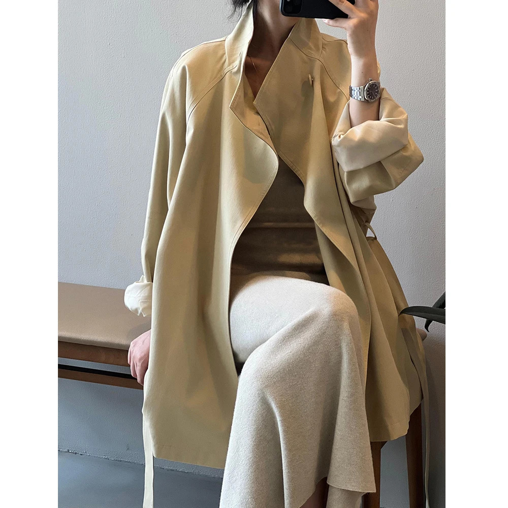 2025 Women Autumn Khaki Trench Coat Stand Collar Women Loose Style Coat With Belt Casaco Feminino Trench Femme 251226