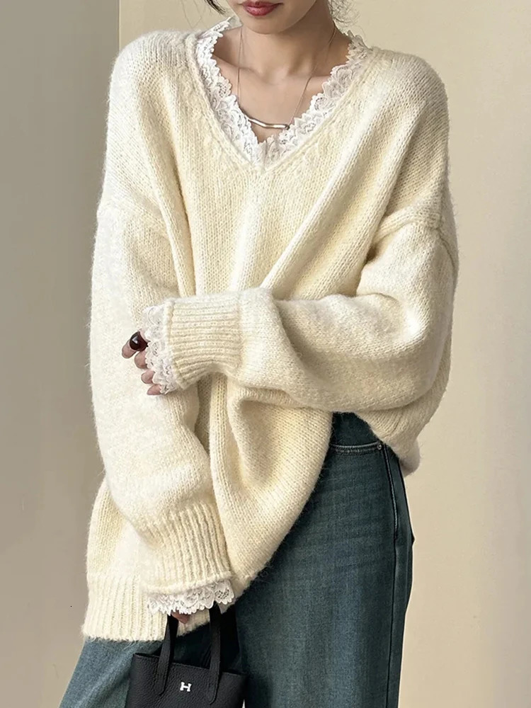 Aoaiiys Sweaters Women V Neck Lace Spliced Pullovers Vintage Chic Knitted Jumpers Autumn Winter Comfortable Loose Sweaters 251224