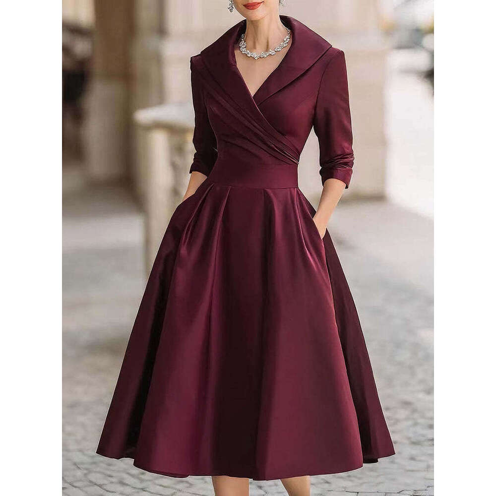 Satin Waist-Cinching Slimming Elegant Long Sleeve Dress for Women 2026 European American Style for Wedding & Evening Party