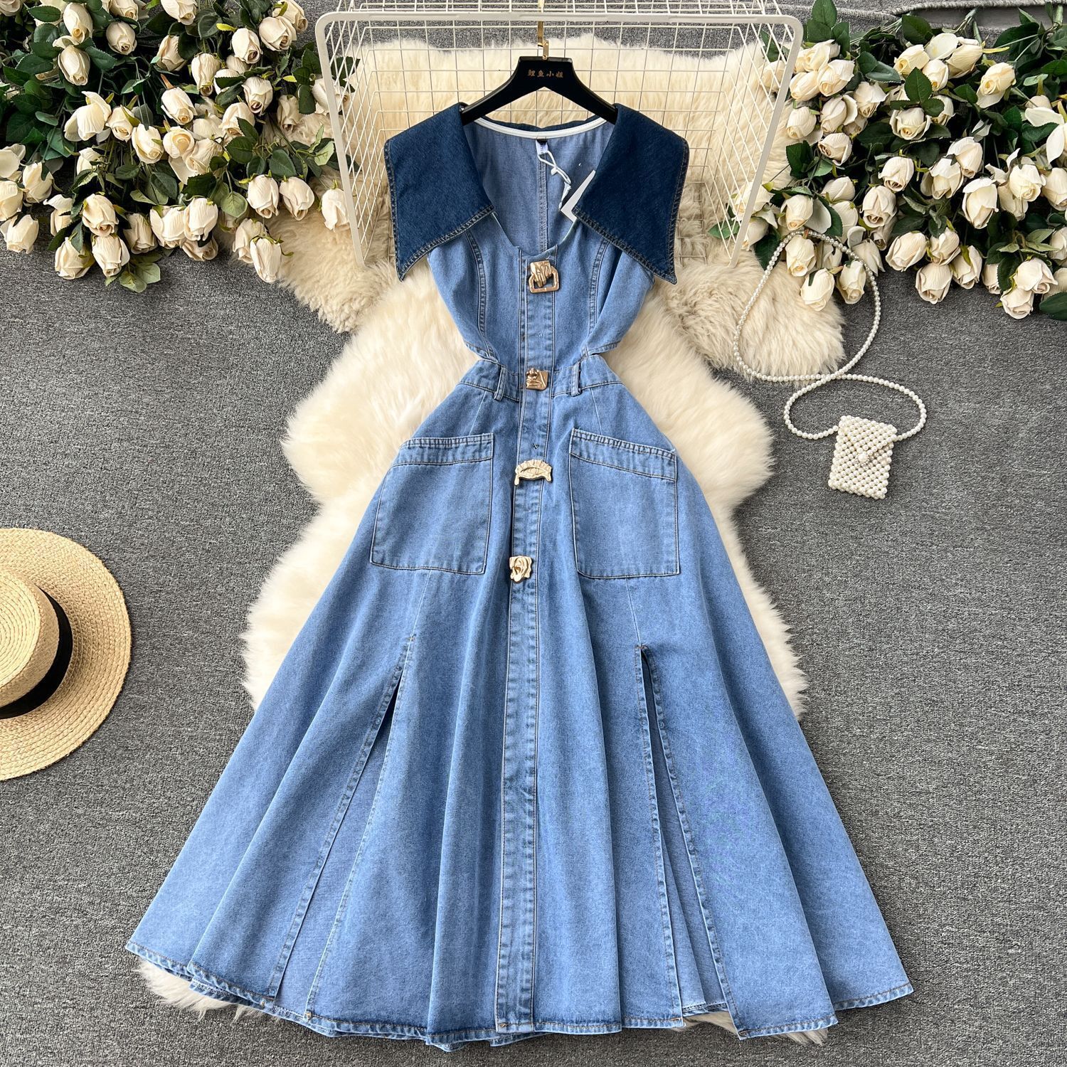 Fashionable Versatile Urban Sexy Design Women's Dress - Sleeveless Loose Top Dress With Open Waist And Fitted Silhouette - Vintage Denim Long Dre