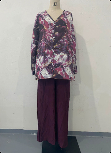 Retro Marble Print Loose Women Outfit Spring V Neck Button Blouse Shirt Pleated Pants 2pcs Autumn Long Sleeve Female Suits Set 240820