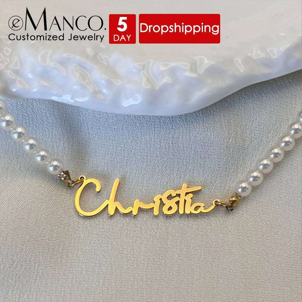 eManco Stainless Steel Customized English Name Necklaces Fashion Faux Pearls diy Letter Pendant Clavicle Chain Factory Outlet