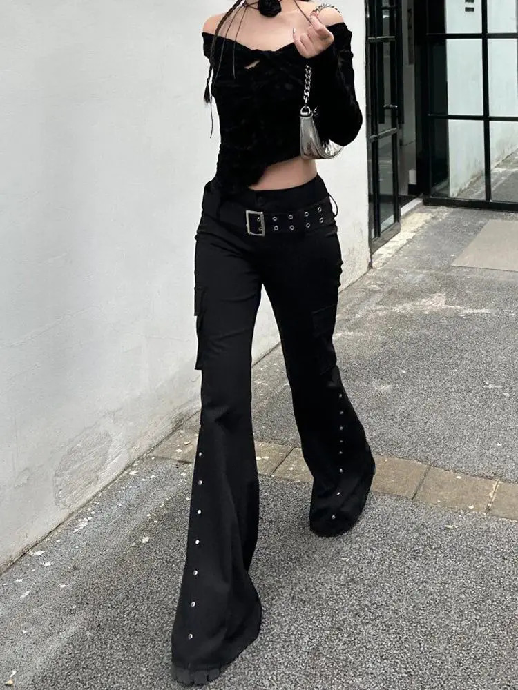 Retro pure black rivet belt decorative slim pants for women y2k Harajuku Goth low-waisted flared pants 251226