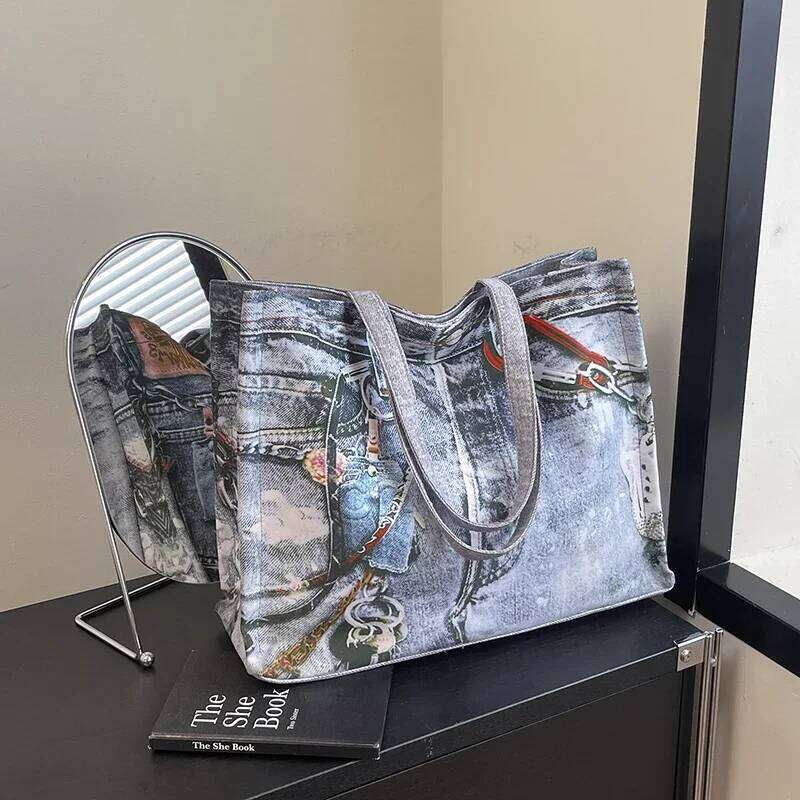 Denim Printing Handbag 2026 Hot Sale Trend Casual Youth Tote Light Luxury Fashion Sewing Thread Sweet Shoulder Bags