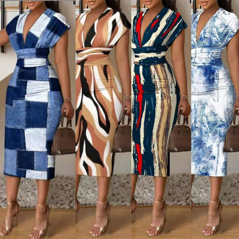 2026 Summer New Fashion Women's Urban Sexy Luxury Long Dress With Printed V-neck And High-waist Slim Fit Women's Dress