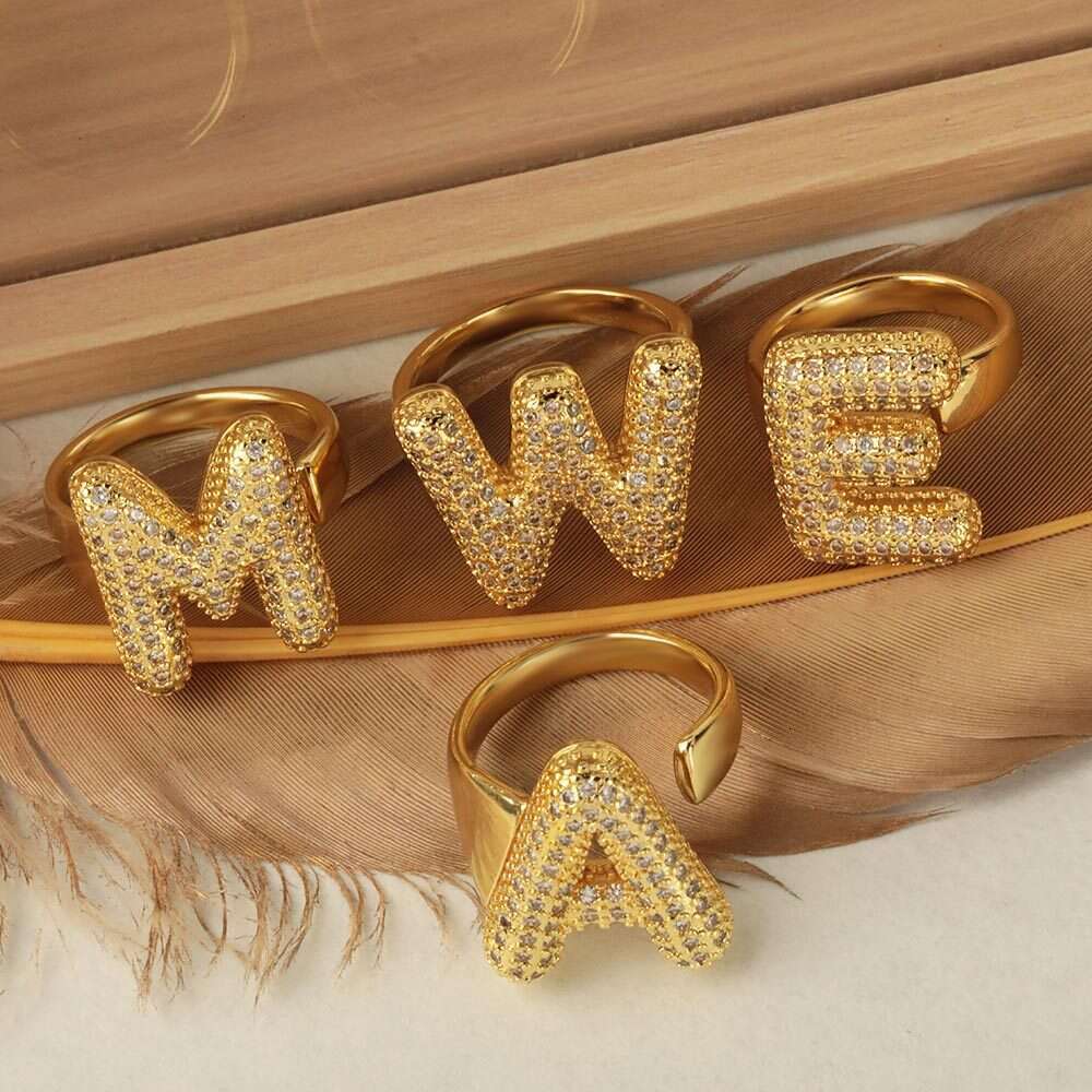 2 pcs Fashion Gold Ring 26 Alphabet Rings with Diamond Copper Inlaid Zircon Open Non-fading Jewelry for Women Wedding Party Birthday Minimalist Style