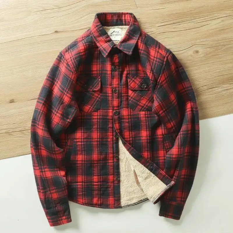 Fall Winter Mens Plaid Flannel Shirts Jackets Outwear Thick Warm Long Sleeve Fleece Lined Button Down Shirt With Chest Pockets 251216