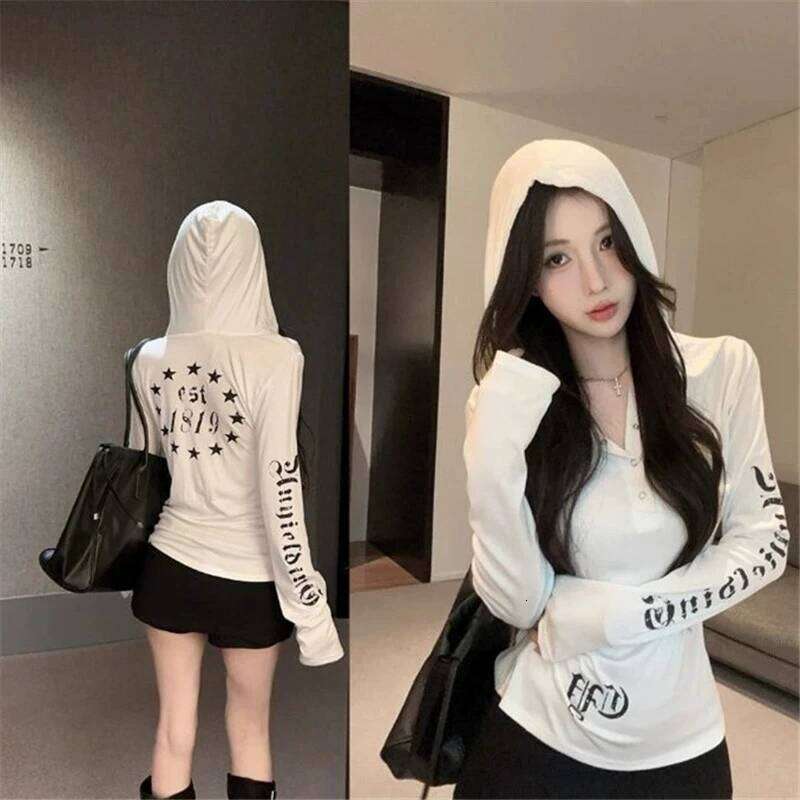 Student hooded long sleeved women's spring, autumn, winter spicy girl print top, base coat, outer wear, inner wear