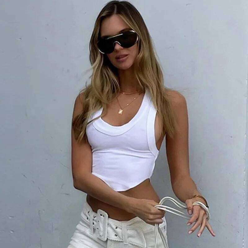 Ribbed Square Neck White Sexy Slim Y2K Crop Tank Top Summer Women Goth Clothes Streetwear Vacation Casual Wholesale