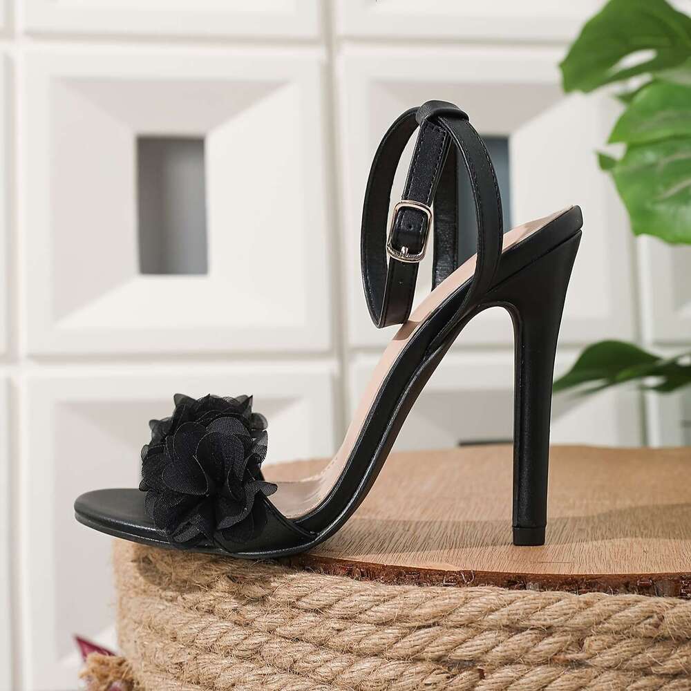 2026 Women Black Style Elegant Floral High Heel Sandals Toe Stiletto Heels With Buckle Strap Closure Black For Weddings Parties And Special Occasions 