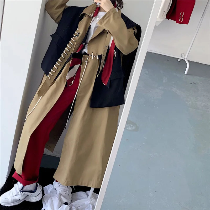 BJTZ Splicing Khaki Windbreaker Womens 2025 Spring Autumn Loose Temperament Midlength Drawstring n Trench Jacket 251231