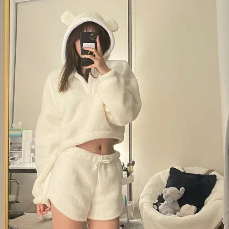 Short Sets Women Two Pieces with Hat Hoodies Bear Ear Solid Plus Velvet Thicker Crop Tops Lace Up Trendy Sweet Girls Cozy 251226