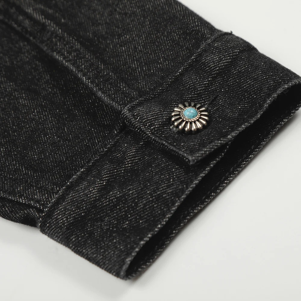Men Vintage Denim Jacket Plane Buckle Turquoise Button Coat Casual American Retro Streetwear Black Top Outerwear 251230
