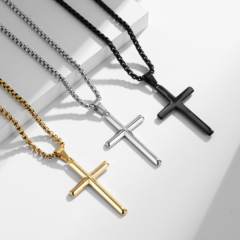 Stainless Steel Shiny Cross Pendant Necklace 18K Gold Plated No Fade Women Men Couple Jewelry