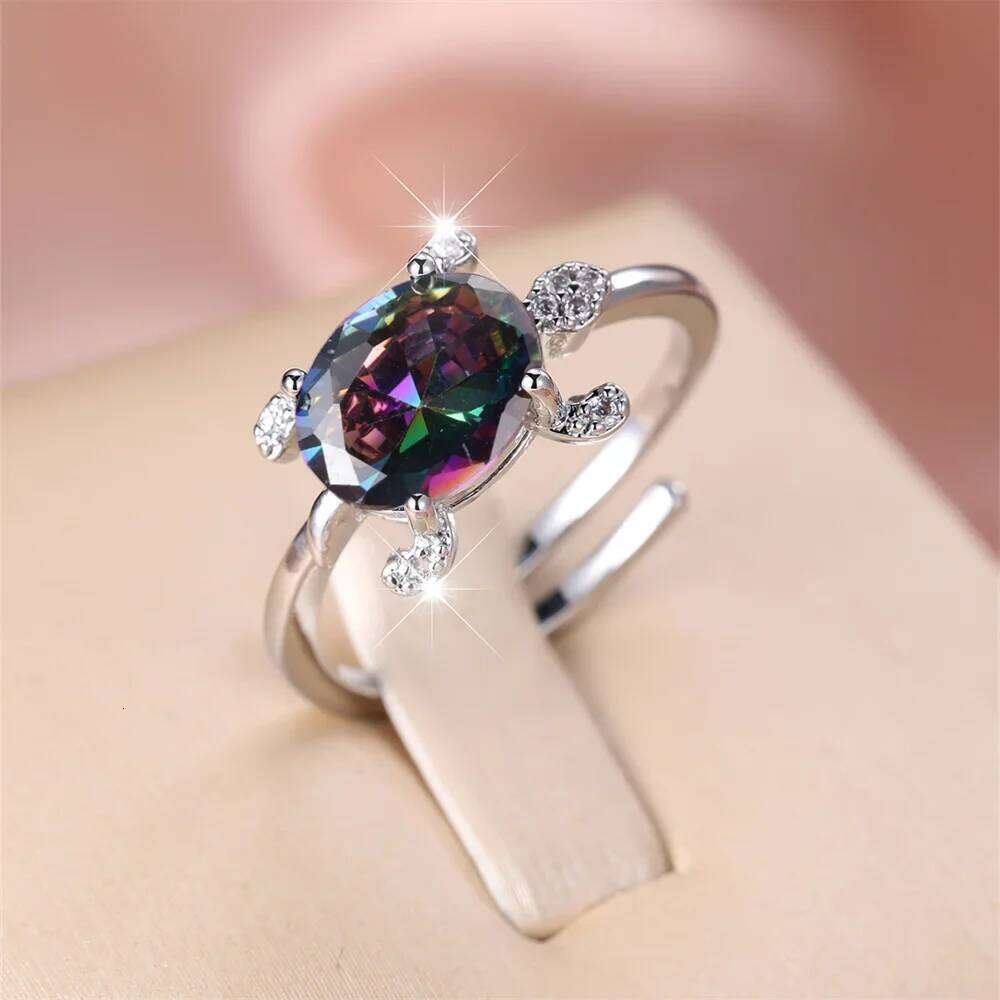 Rainbow Fire Opal Sea Turtle Multicolor Zircon Oval Stone Open Adjustable Ring Classic Silver Color Wedding Rings For Women