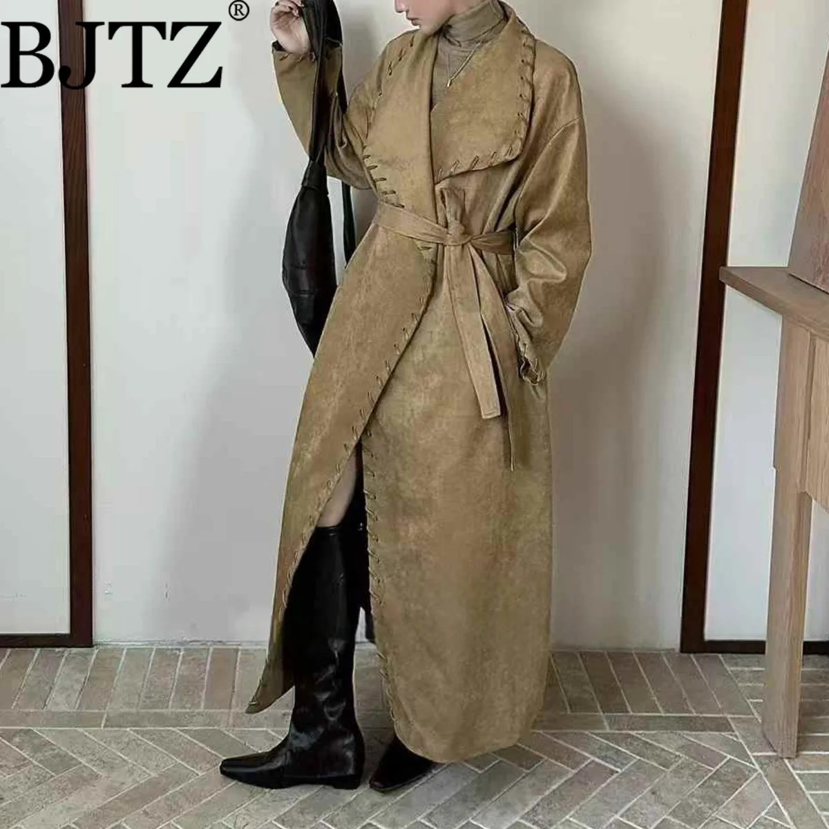 BJTZ Fashion Vintage Trench Coat For Woman 2025 Autumn Laceup Tiewaist Big Lapel Loose Fit Windbreaker 251231