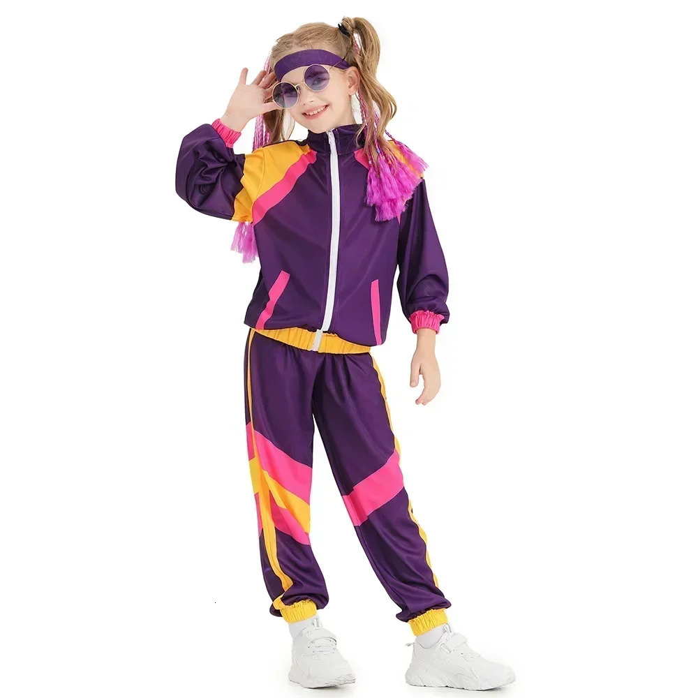 Boys and Girls 80s Tracksuit Hip Hop Costume Top Pants Sets Outfit Retro Disco Dance Sportswear Blue Pink Baseball Uniform 251231