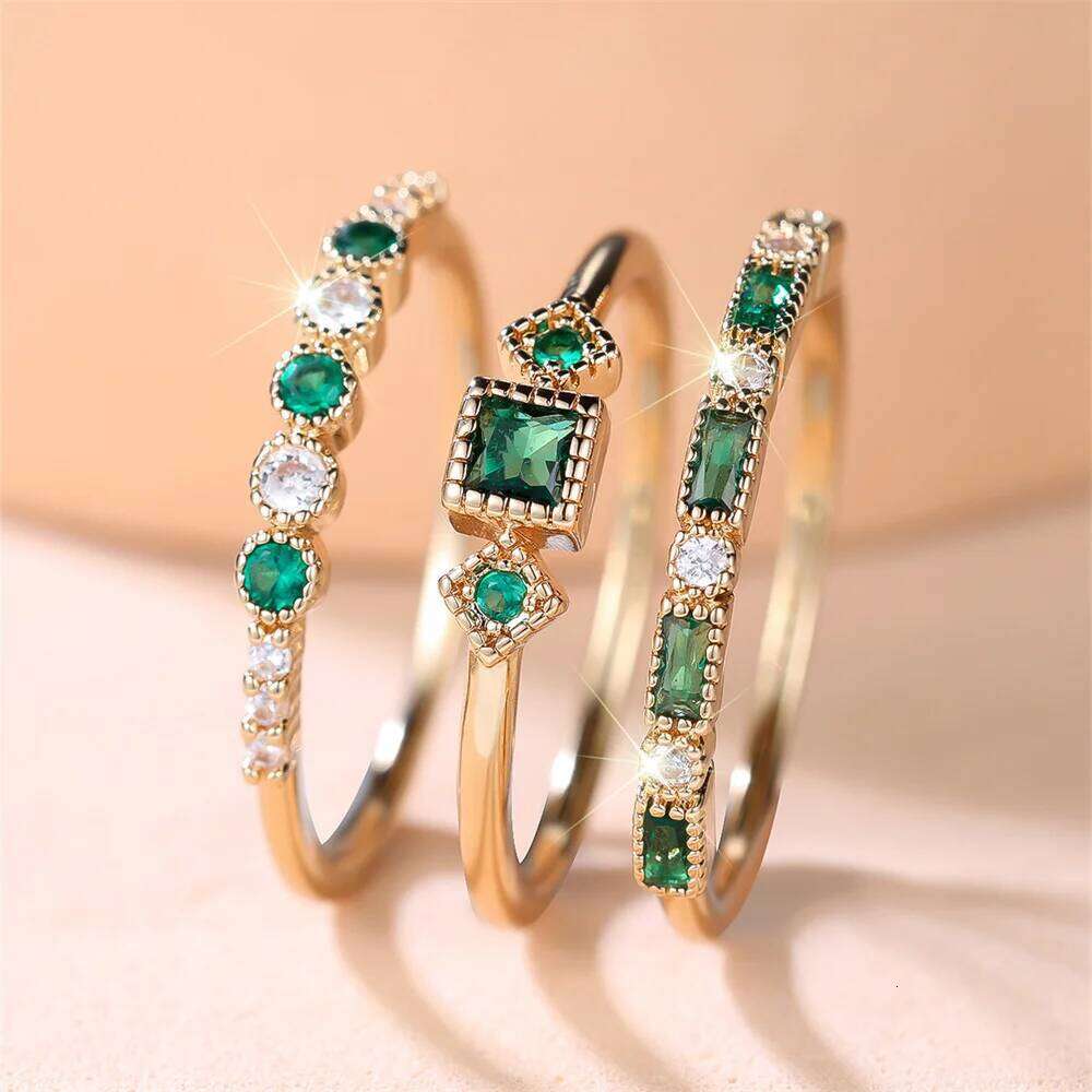 3pcs/Set Geometric Stone Green Zircon Engagement Ring Sets Vintage Gold Color Wedding Bands Party Jewelry Rings Set For Women