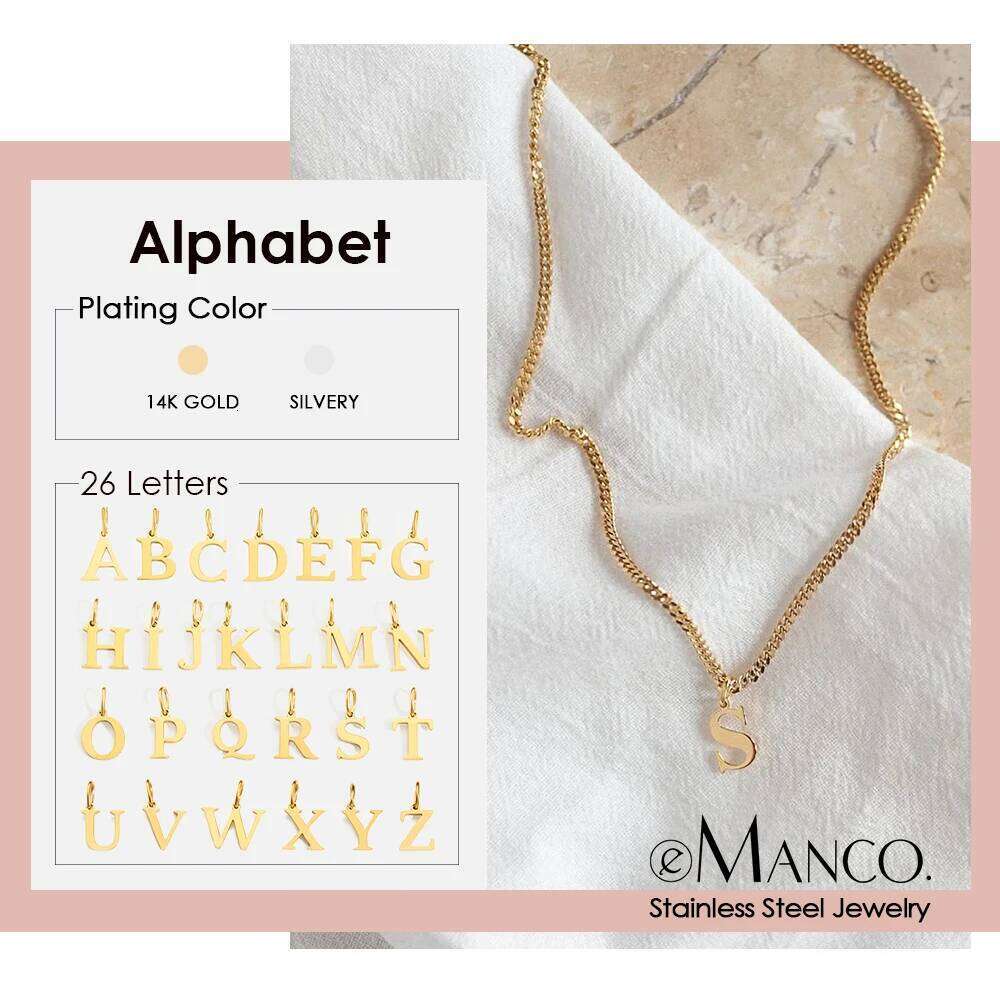 eManco Stainless Steel Letter A-Z Pendant Short Cuban Chain Necklaces Women's Gold-Plated Jewelry Wholesale