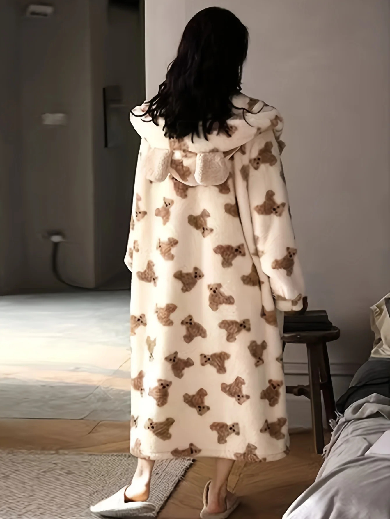 Cozy Teddy Bear Pajama Dress Plush Hooded Nightgown with Ears Thickened FullZip Loungewear for Women Hand Washable 251231