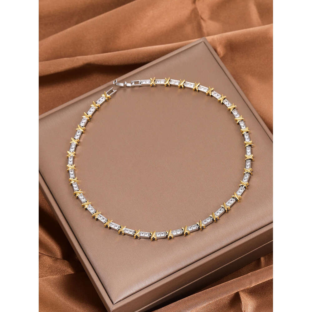 T Brand Light Luxury Inlaid Zircon Full Diamond Necklace Set Design Sense Gold and Silver Color Block Letter X Collarbone Chain