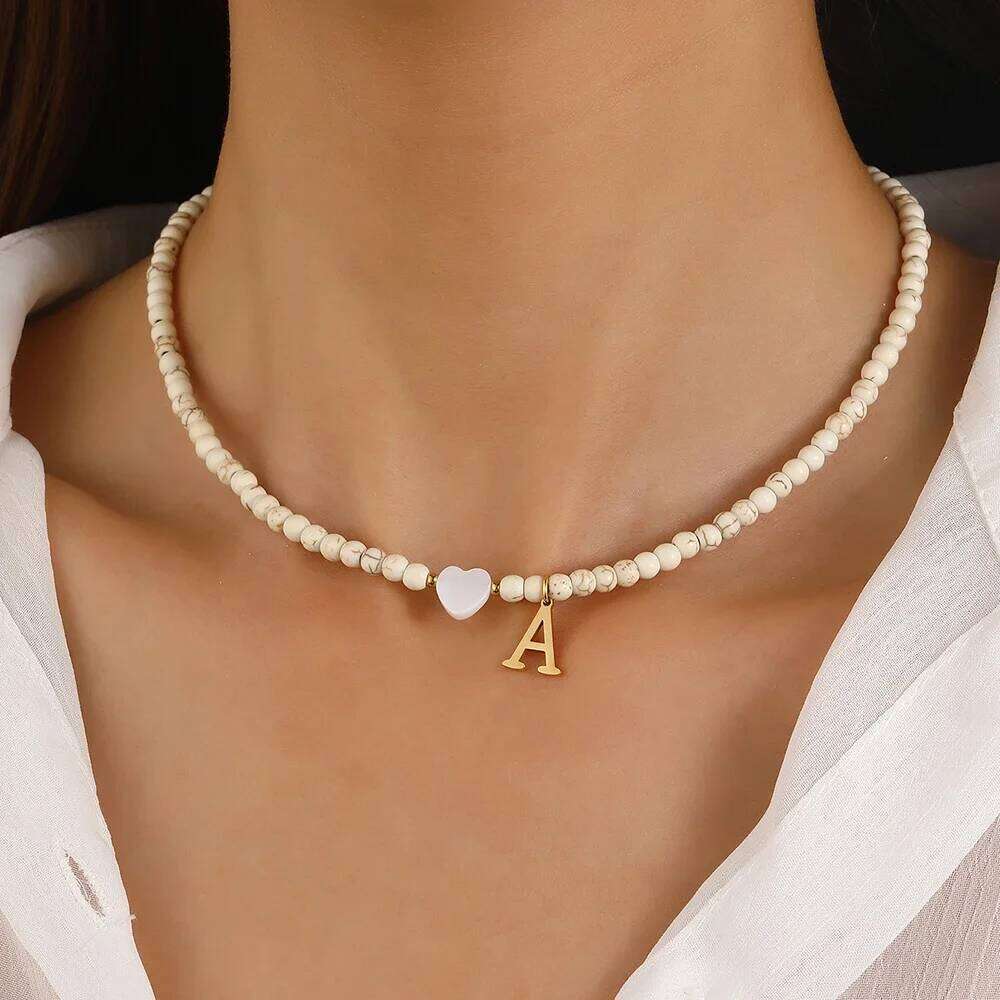 Bohemian Choker neck Initial necklaces heart-shaped shell letter pendant beads Women's stainless steel necklace woman trend2025 26L0104
