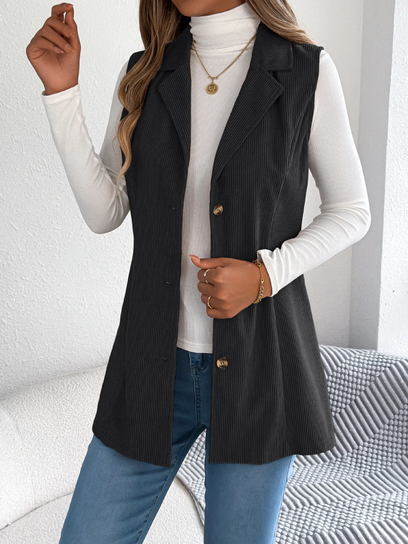 Womens Fall Winter Solid Color Sleeveless Casual Jacket with Suit Lapel SingleBreast Clre and Pockets 251225