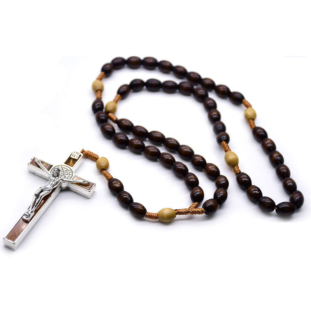 8*10 Dark Coffee Color Rice-Shaped Wooden Beads Rope Braided Rosary Cross Necklace Export Jewelry