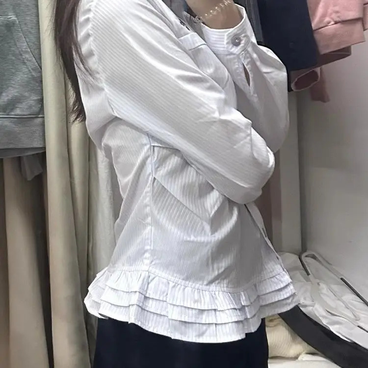 Japanese Sweet Academia Shirt Women Striped Long Sleeve Blouse with Ruffle Hem Y2K Vintage School Style Top Kawaii Unique De 251231