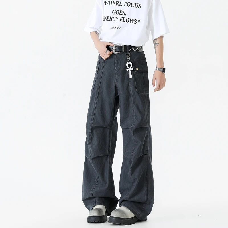 Japanese Streetwear Multi Pocket Cargo black white jeans Men Harajuku denim Casual Work Pants Baggy man Y2K Hip Hop High Street 251226