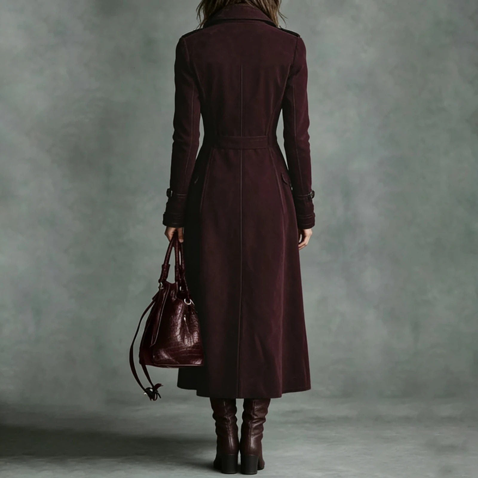 Solid Color Suede Long Windbreaker Elegant Collar Sleeved Coat Spring And Autumn Ladies Outdoor WomenS Trench 251231