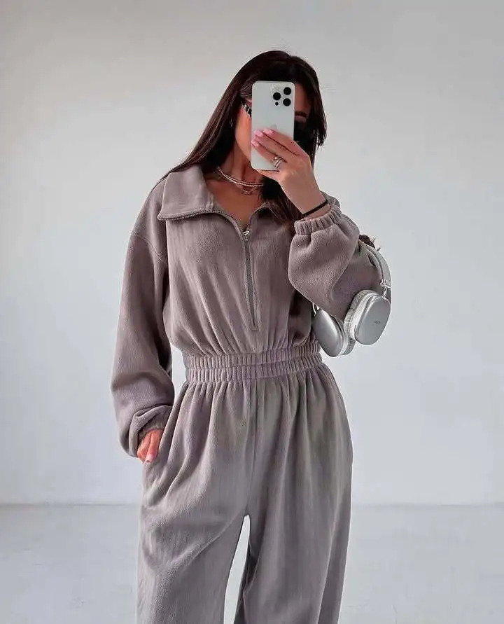 Fashion Sports Jumpsuit Autumn Long Sleeved Zipper High Waist Wide Leg Casual Warm Polar Fleece Women Clothing 251226