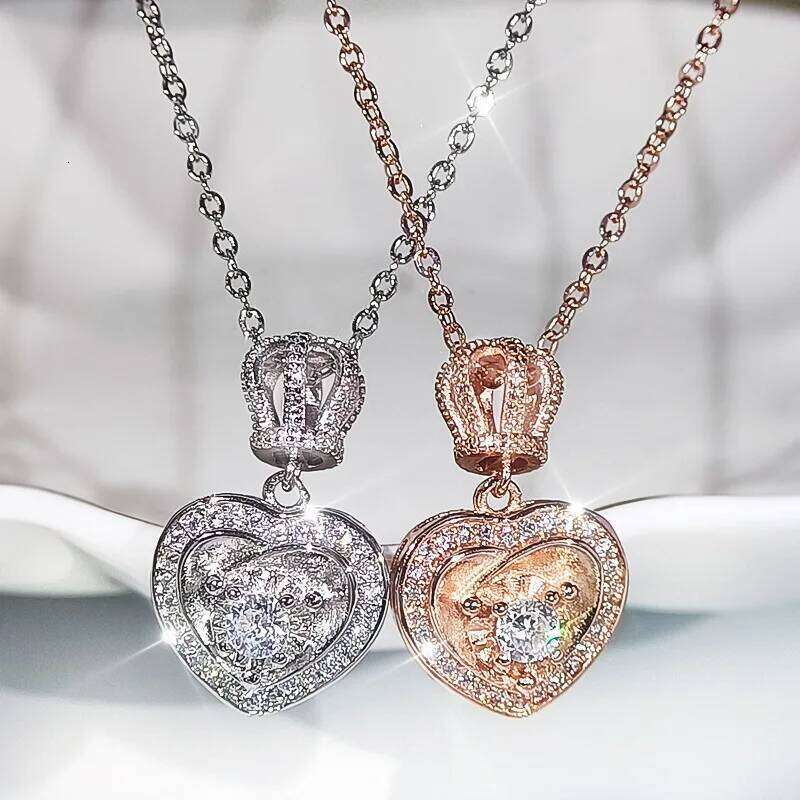 Simple Temperament Heart-shaped Full Diamond Pendant Crown Star Clavicle Chain 925 Silver Zircon Necklace Women's Jewelry