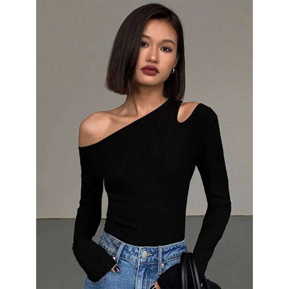 Fashion Skew Collar Off-shoulder Long-sleeved T-shirts Women Spring 2025 New Solid Slim Fit Crop Top Sexy Hollow Out Tees Shirts
