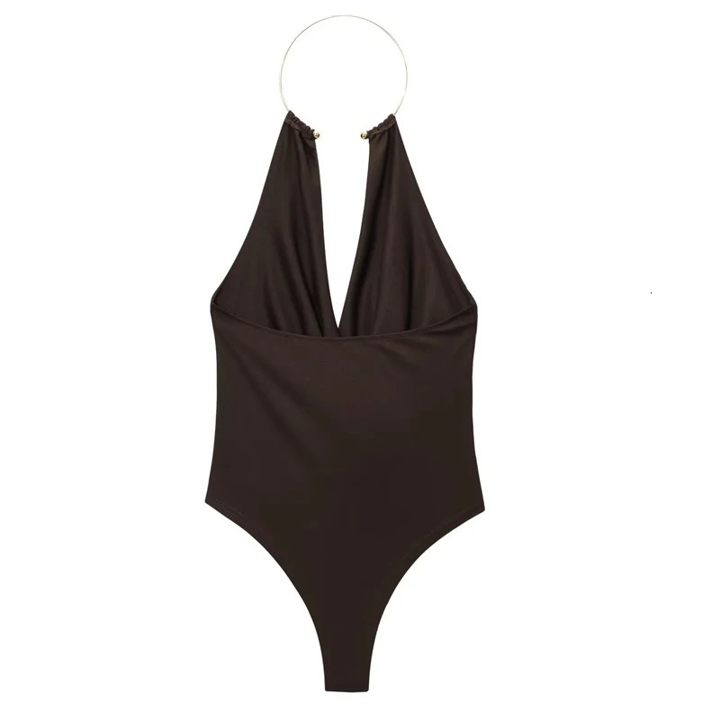 HXAO Halter Neck Bodysuits Sexy Summer Off Shoulder Bodysuit Women Brown Top Ruched Ring Backless Thong Woman 251231