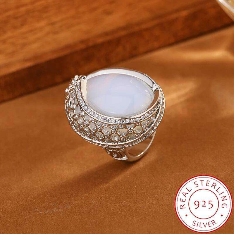 Unique White Opal & CZ Openwork Ring for Women 925 Sterling Silver | Elegant Bridal Jewelry Gift Wedding Rings