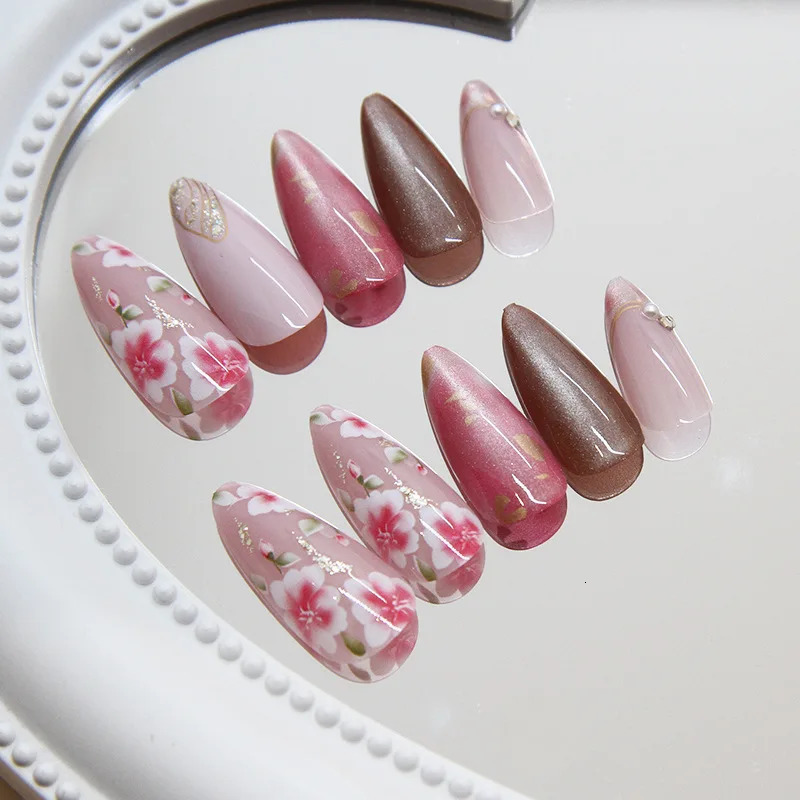 24Pcs Peach Blossom Press on Nails Cats Eye Nude Glitter False Nail for WomenGirl Spring and Summer Detachable Wearable Nail 251224