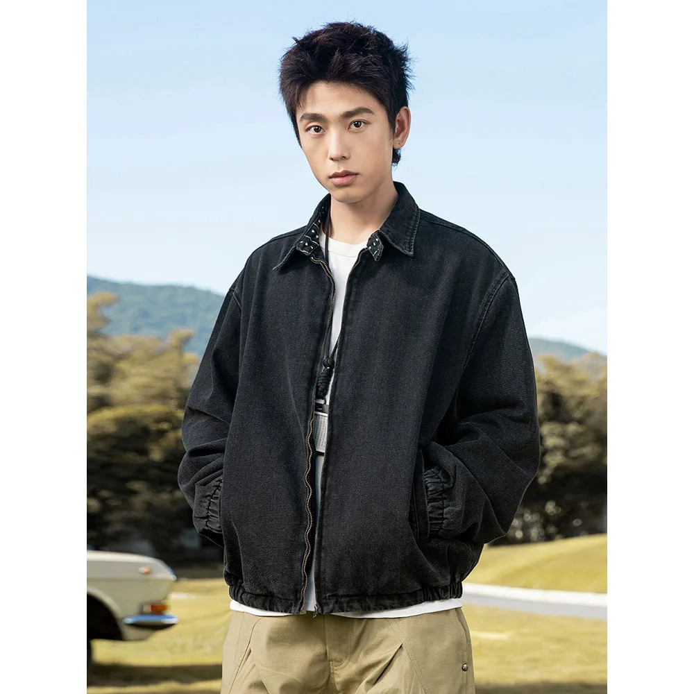 TFETTERS 2025 Spring Autumn Mens Vintage Washed Distressed Denim Jacket Man Zipup Print Collar Streetwear Fashion 251230