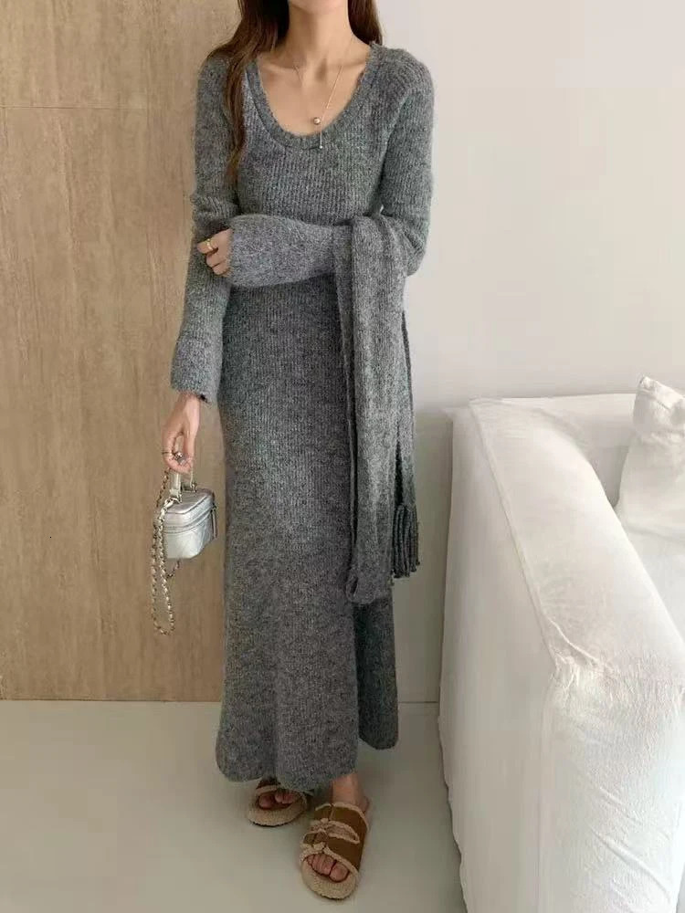 Vintage Knitted Midi Dress Y2K Autumn Slim with Scarf Long Sleeve Dress Female Korean Streetwear Chic All Match Female Vestidos 251225