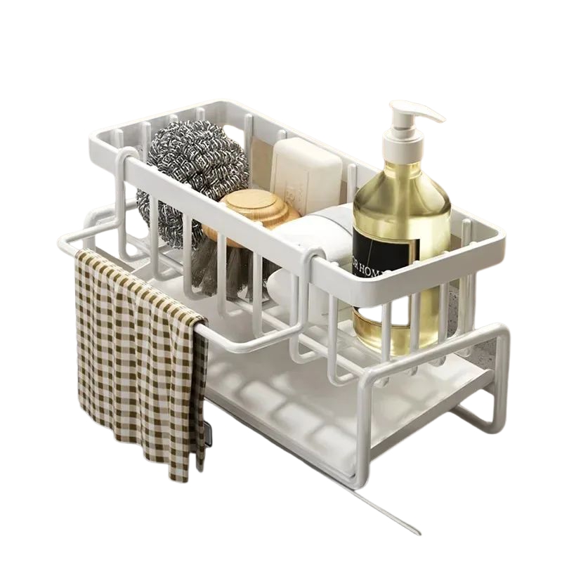 1Pc Multifunctional Plastic Kitchen Shelf Rag Storage Drainage Shelf,No-Punch Adhesive Spice Rack,Sink Tap Drain Rack with Hooks